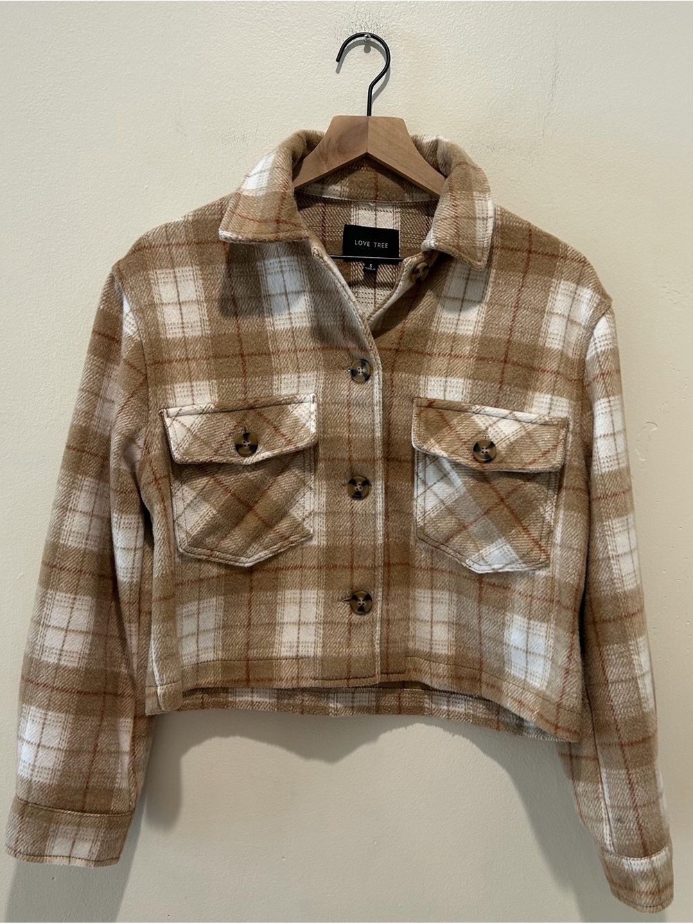 Love Tree Tan & White Plaid Fleece Button Front Shirt Jacket - Women’s Small